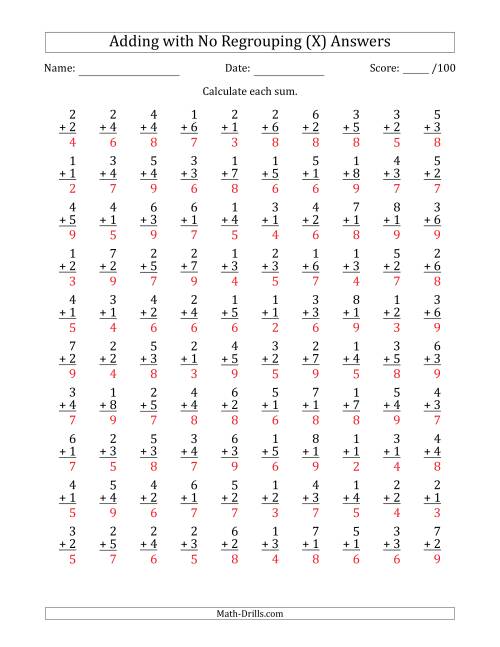 The 100 Single-Digit Addition Questions with No Regrouping (X) Math Worksheet Page 2