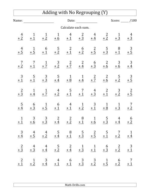 The 100 Single-Digit Addition Questions with No Regrouping (Y) Math Worksheet