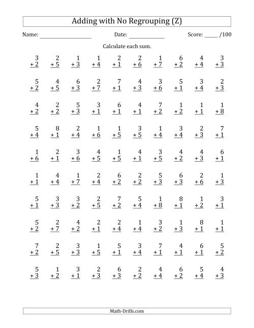 The 100 Single-Digit Addition Questions with No Regrouping (Z) Math Worksheet