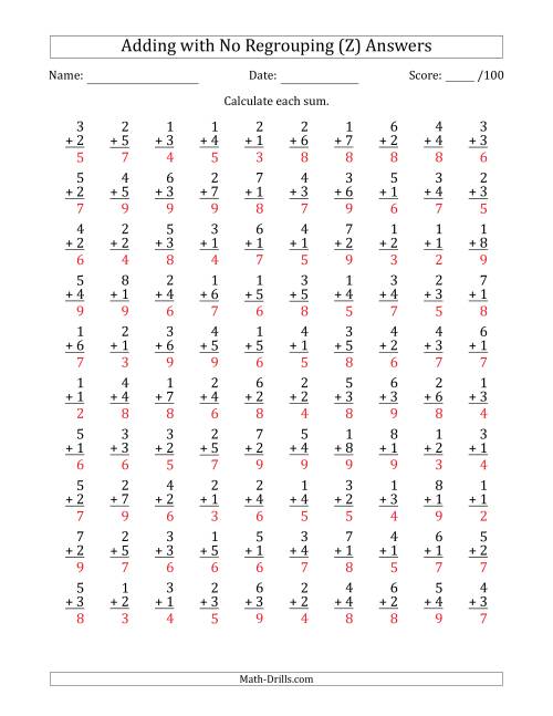 The 100 Single-Digit Addition Questions with No Regrouping (Z) Math Worksheet Page 2