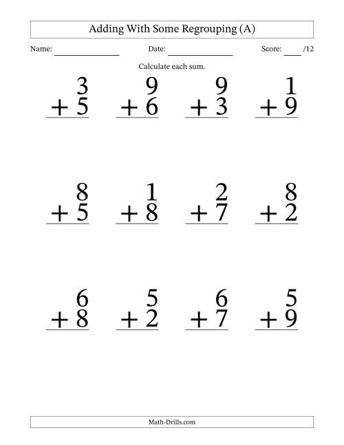 Single Digit Addition -- Some Regrouping -- 12 per page (A)