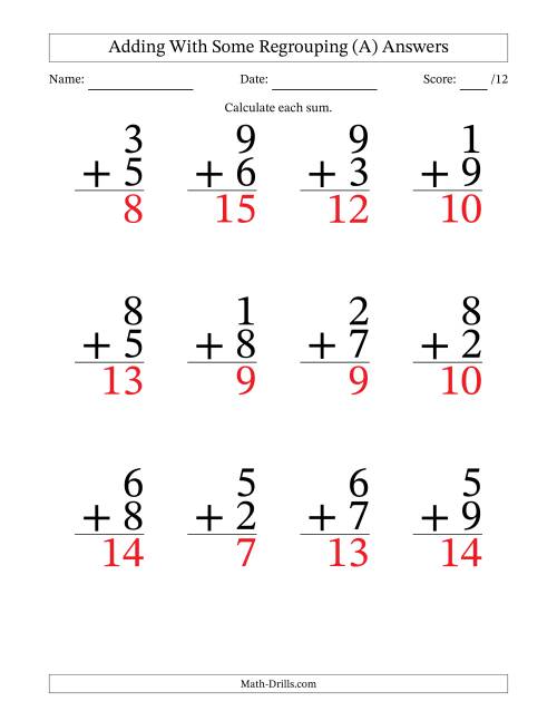 The 12 Single-Digit Addition Questions With Some Regrouping (A) Math Worksheet Page 2