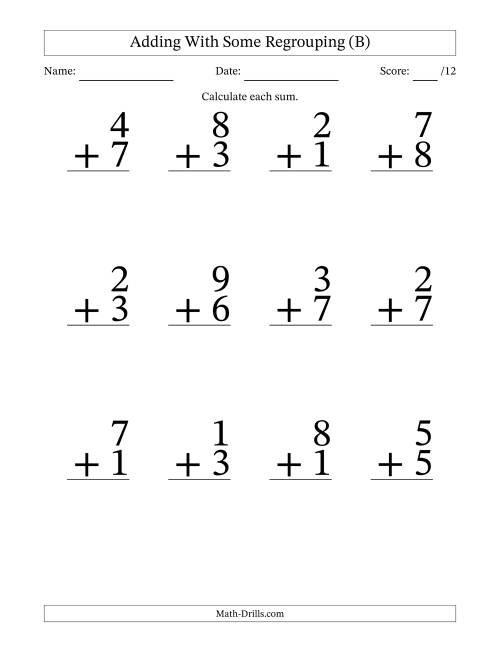 The 12 Single-Digit Addition Questions With Some Regrouping (B) Math Worksheet