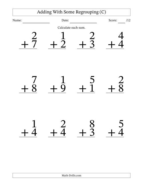 The 12 Single-Digit Addition Questions With Some Regrouping (C) Math Worksheet