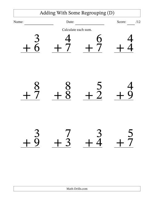 The 12 Single-Digit Addition Questions With Some Regrouping (D) Math Worksheet