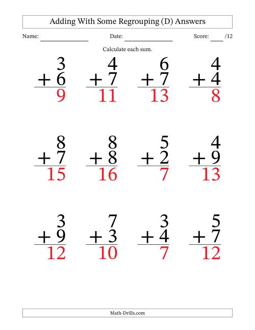 The 12 Single-Digit Addition Questions With Some Regrouping (D) Math Worksheet Page 2