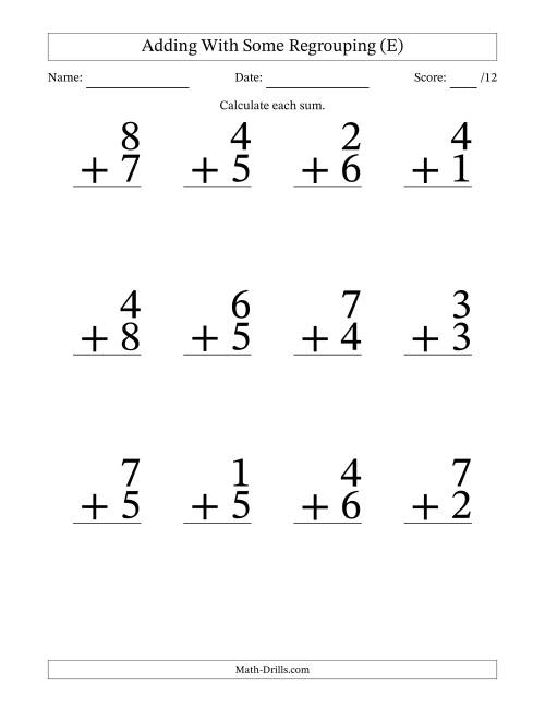 The 12 Single-Digit Addition Questions With Some Regrouping (E) Math Worksheet