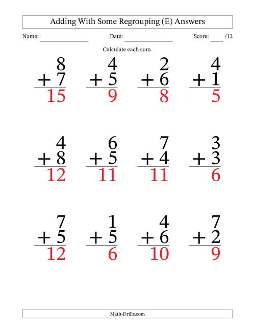 The 12 Single-Digit Addition Questions With Some Regrouping (E) Math Worksheet Page 2