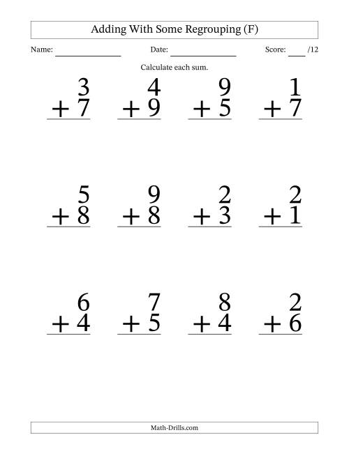 The 12 Single-Digit Addition Questions With Some Regrouping (F) Math Worksheet