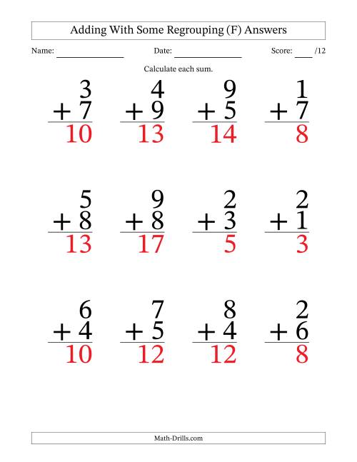 The 12 Single-Digit Addition Questions With Some Regrouping (F) Math Worksheet Page 2