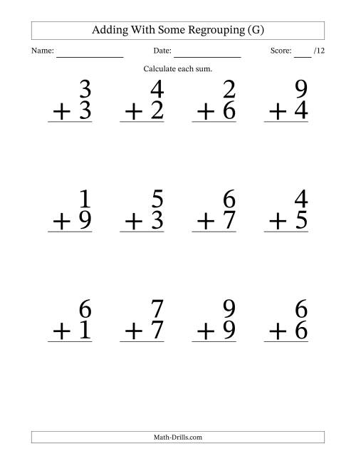 The 12 Single-Digit Addition Questions With Some Regrouping (G) Math Worksheet