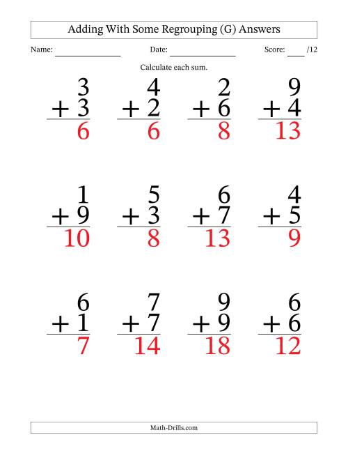 The 12 Single-Digit Addition Questions With Some Regrouping (G) Math Worksheet Page 2
