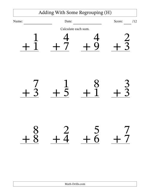 The 12 Single-Digit Addition Questions With Some Regrouping (H) Math Worksheet