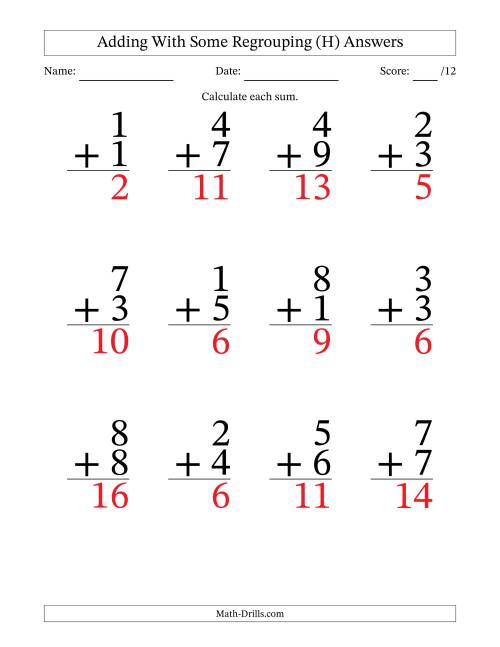 The 12 Single-Digit Addition Questions With Some Regrouping (H) Math Worksheet Page 2
