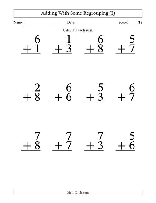 The 12 Single-Digit Addition Questions With Some Regrouping (I) Math Worksheet