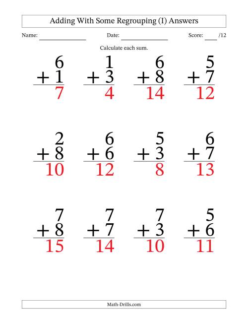 The 12 Single-Digit Addition Questions With Some Regrouping (I) Math Worksheet Page 2