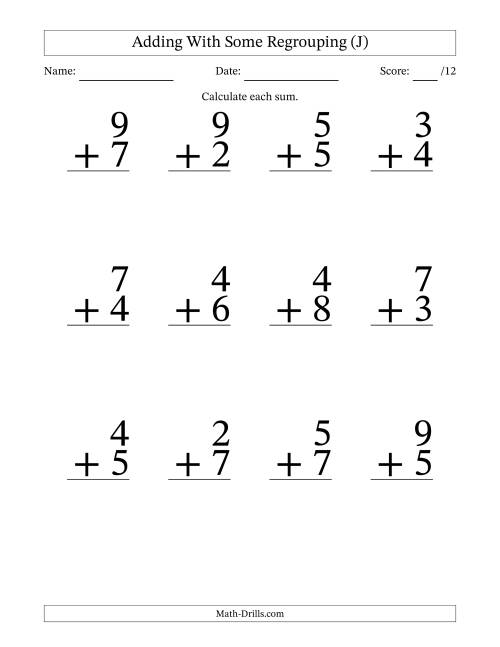 The 12 Single-Digit Addition Questions With Some Regrouping (J) Math Worksheet