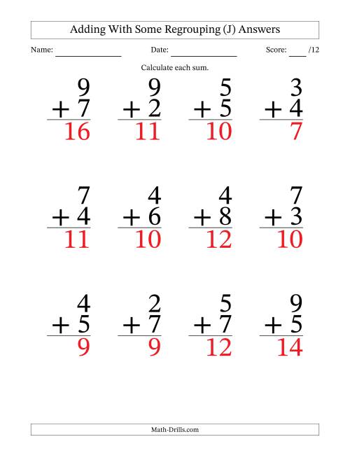 The 12 Single-Digit Addition Questions With Some Regrouping (J) Math Worksheet Page 2