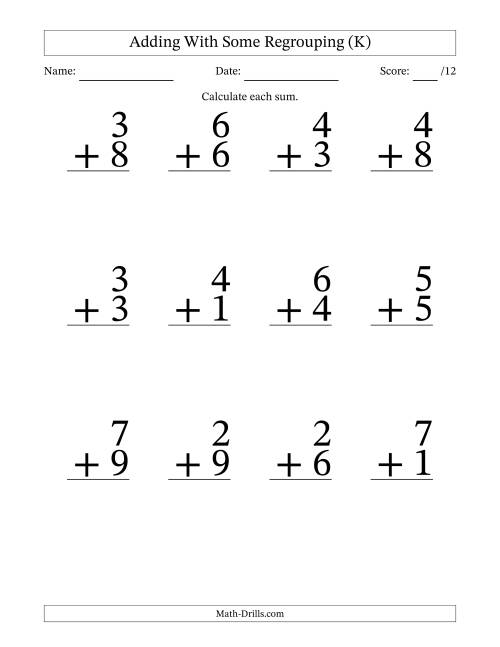 The 12 Single-Digit Addition Questions With Some Regrouping (K) Math Worksheet