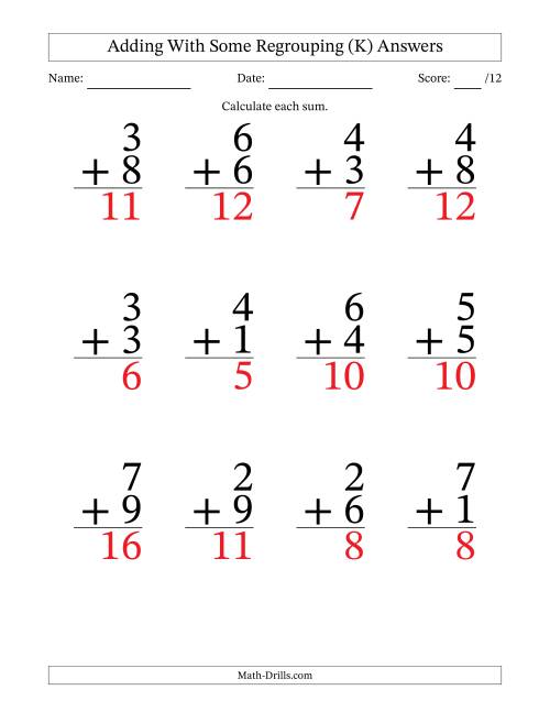 The 12 Single-Digit Addition Questions With Some Regrouping (K) Math Worksheet Page 2