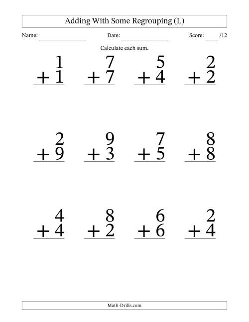 The 12 Single-Digit Addition Questions With Some Regrouping (L) Math Worksheet