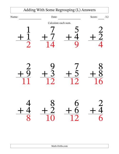 The 12 Single-Digit Addition Questions With Some Regrouping (L) Math Worksheet Page 2