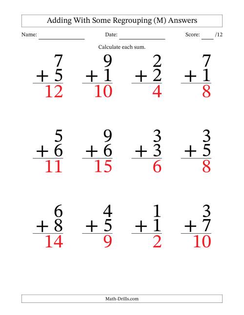 The 12 Single-Digit Addition Questions With Some Regrouping (M) Math Worksheet Page 2