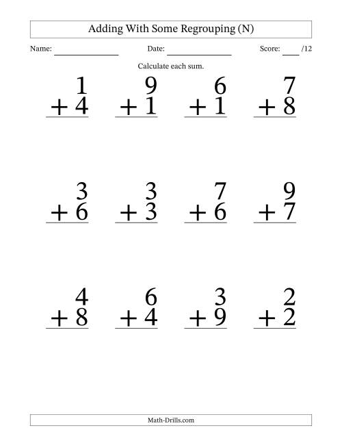 The 12 Single-Digit Addition Questions With Some Regrouping (N) Math Worksheet