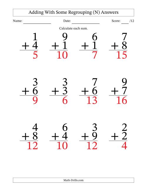 The 12 Single-Digit Addition Questions With Some Regrouping (N) Math Worksheet Page 2