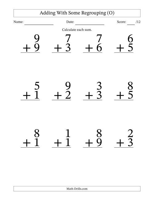 The 12 Single-Digit Addition Questions With Some Regrouping (O) Math Worksheet
