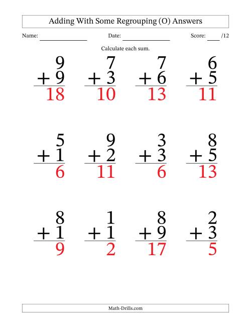 The 12 Single-Digit Addition Questions With Some Regrouping (O) Math Worksheet Page 2