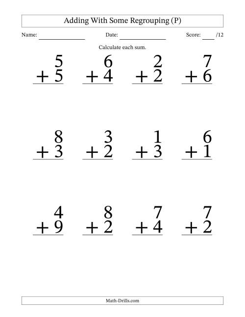The 12 Single-Digit Addition Questions With Some Regrouping (P) Math Worksheet