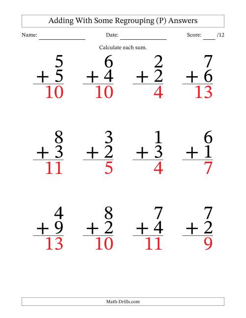 The 12 Single-Digit Addition Questions With Some Regrouping (P) Math Worksheet Page 2