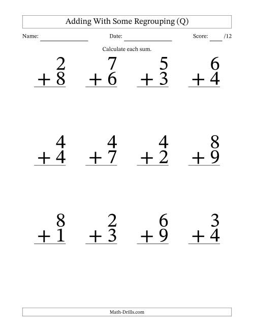 The 12 Single-Digit Addition Questions With Some Regrouping (Q) Math Worksheet