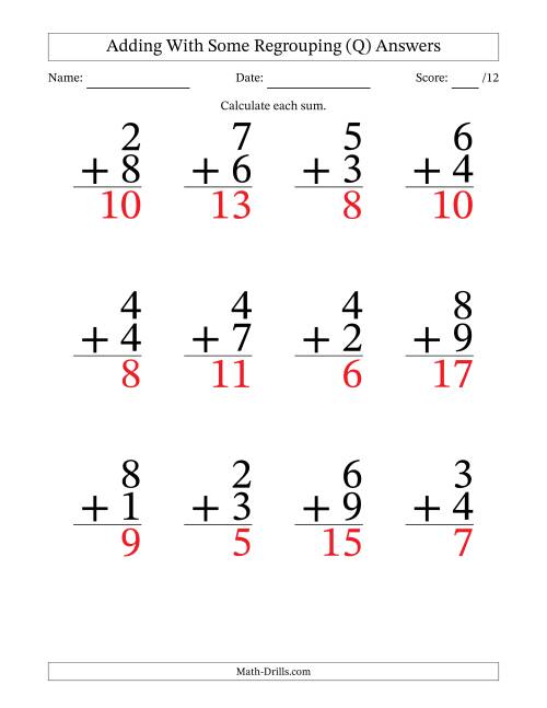 The 12 Single-Digit Addition Questions With Some Regrouping (Q) Math Worksheet Page 2