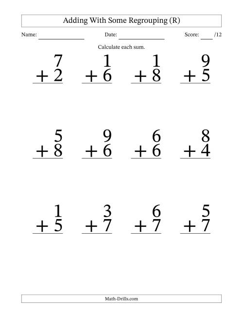 Single Digit Addition -- Some Regrouping -- 12 per page (R)