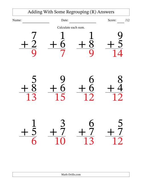The 12 Single-Digit Addition Questions With Some Regrouping (R) Math Worksheet Page 2