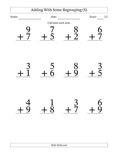 The 12 Single-Digit Addition Questions With Some Regrouping (S) Math Worksheet