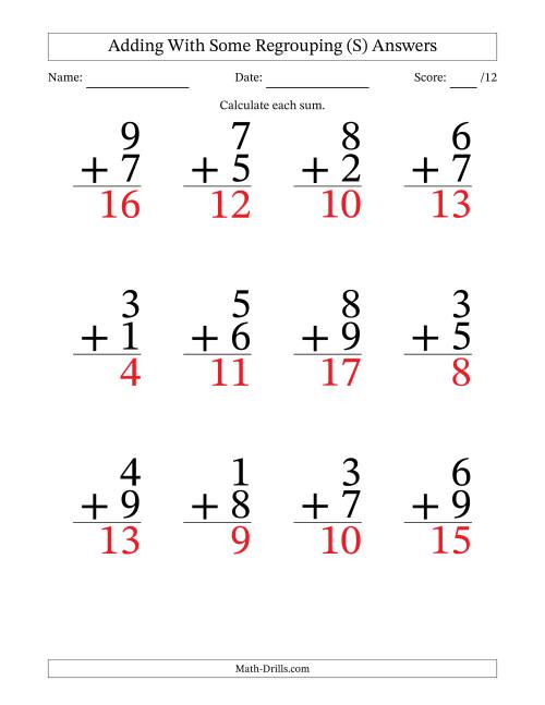 The 12 Single-Digit Addition Questions With Some Regrouping (S) Math Worksheet Page 2