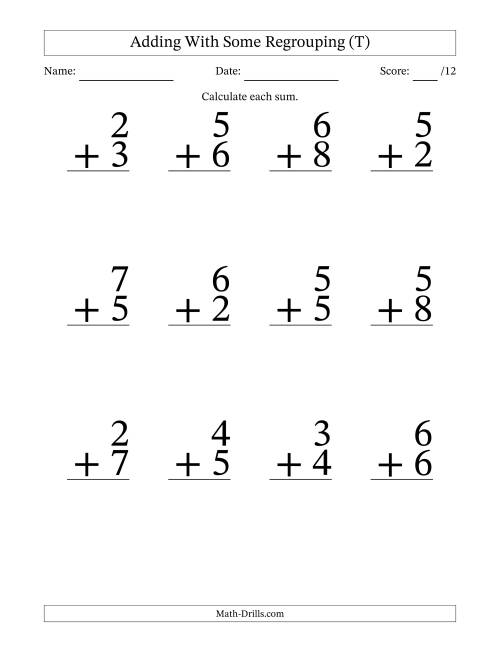 The 12 Single-Digit Addition Questions With Some Regrouping (T) Math Worksheet