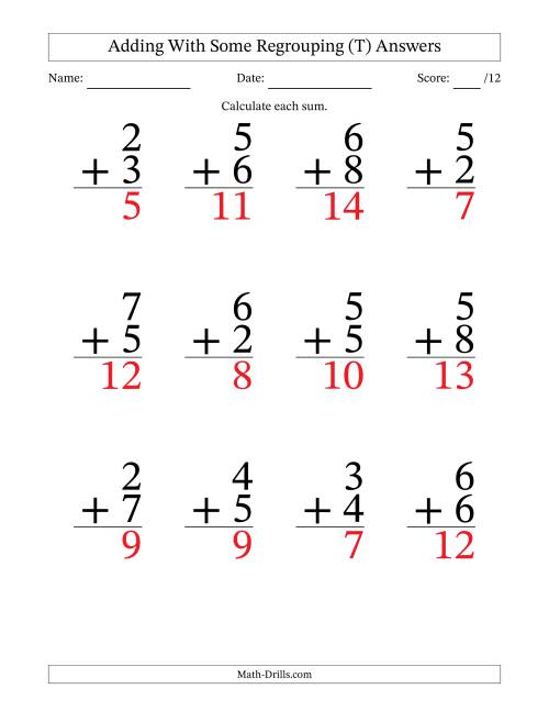 The 12 Single-Digit Addition Questions With Some Regrouping (T) Math Worksheet Page 2