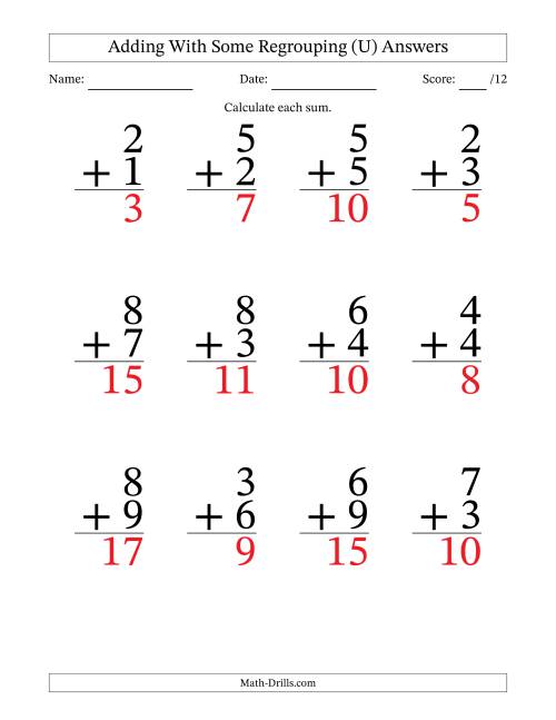 The 12 Single-Digit Addition Questions With Some Regrouping (U) Math Worksheet Page 2