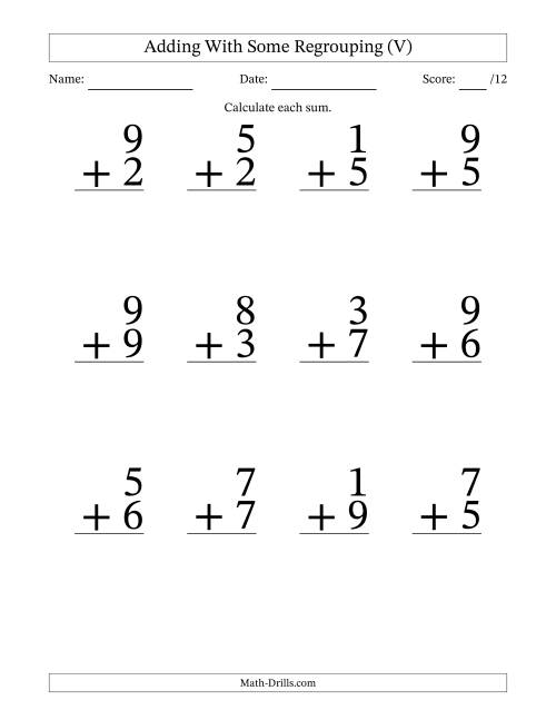 The 12 Single-Digit Addition Questions With Some Regrouping (V) Math Worksheet