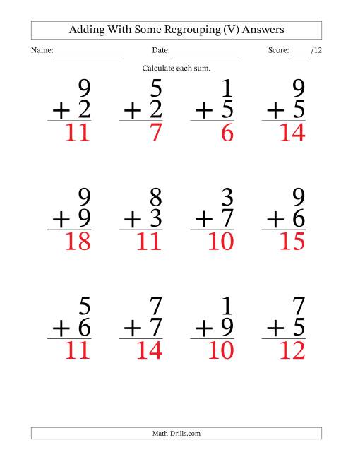 The 12 Single-Digit Addition Questions With Some Regrouping (V) Math Worksheet Page 2