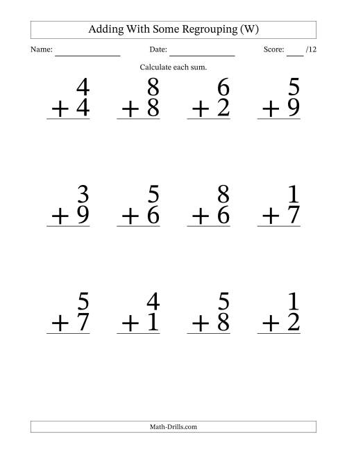 The 12 Single-Digit Addition Questions With Some Regrouping (W) Math Worksheet