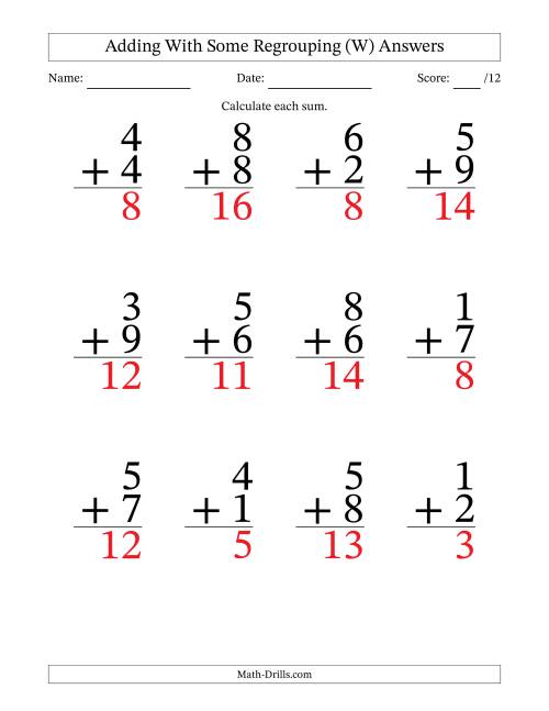 The 12 Single-Digit Addition Questions With Some Regrouping (W) Math Worksheet Page 2