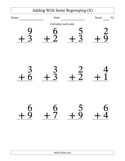 The 12 Single-Digit Addition Questions With Some Regrouping (X) Math Worksheet