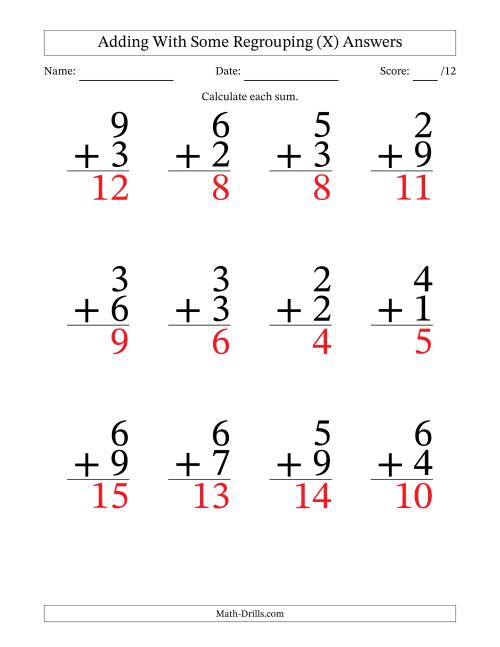 The 12 Single-Digit Addition Questions With Some Regrouping (X) Math Worksheet Page 2