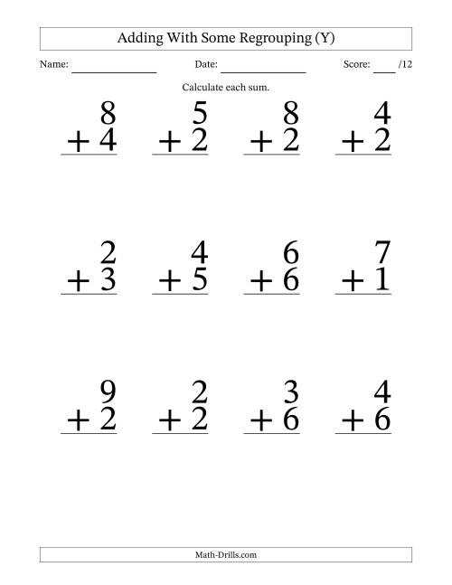 The 12 Single-Digit Addition Questions With Some Regrouping (Y) Math Worksheet