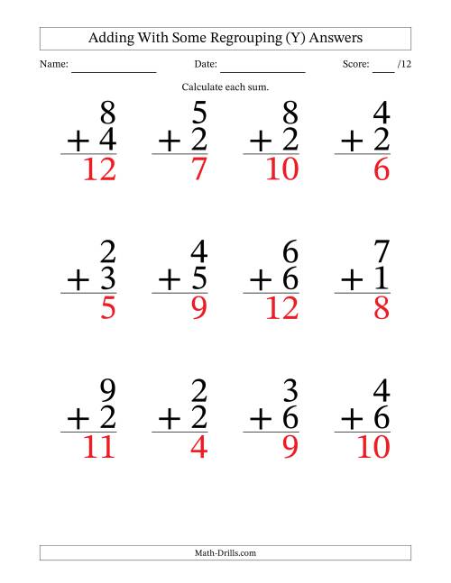 The 12 Single-Digit Addition Questions With Some Regrouping (Y) Math Worksheet Page 2